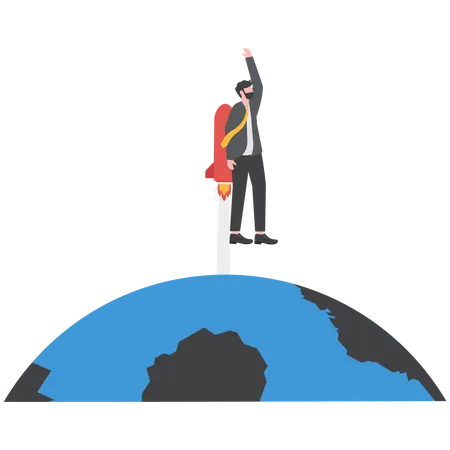 Businessman flying into sky with rocket  Illustration