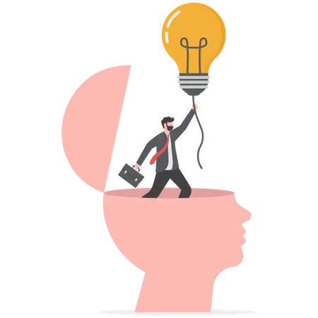 Freedome Your Creativity Idea Mind Concept Businessman Flying Light Bulb Idea Break Free From Human Head Bird Cage Illustration