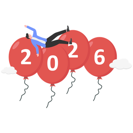 Businessman flying on 2026 balloons  Illustration