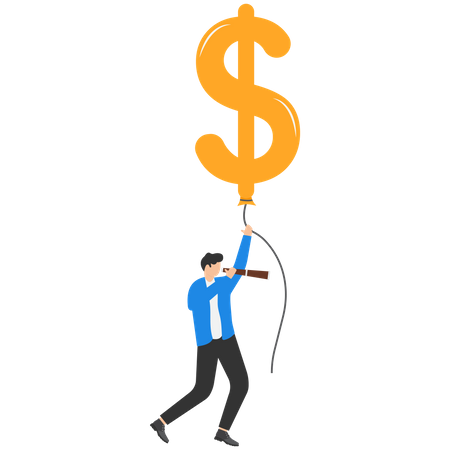 Businessman flying on a balloon in the shape of a dollar  Illustration