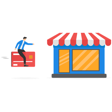 Businessman flying on credit card and riding in shop  Illustration
