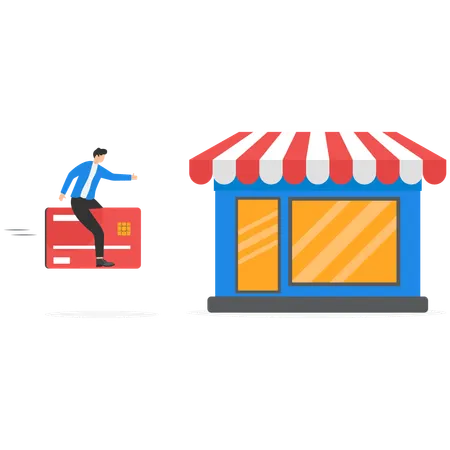 Businessman flying on credit card and riding in shop  Illustration