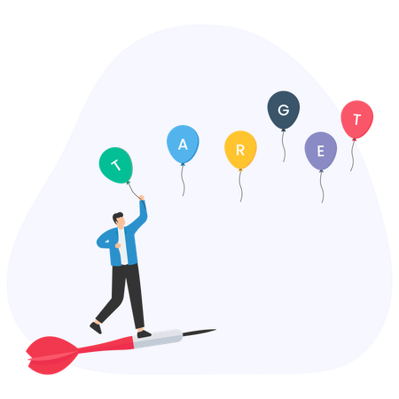 Businessman flying on dart chasing target letters attached to balloons  Illustration