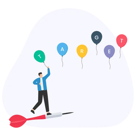 Businessman flying on dart chasing target letters attached to balloons  Illustration