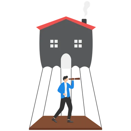 Finding A New Home Or Moving To A New House Search Or Discover Real Estate Or Property Profit Visionary Or Idea For Buy Rent Or Mortgage Loan Smart Businessman Flying On House Balloon To See Vision イラスト