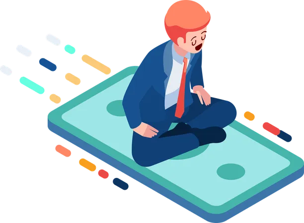 Flat 3 D Isometric Businessman Flying On Money Carpet Financial Growth And Investment Concept Illustration