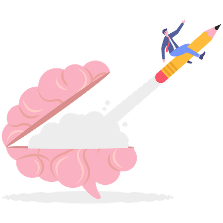 Businessman flying on pencil from brain  Illustration