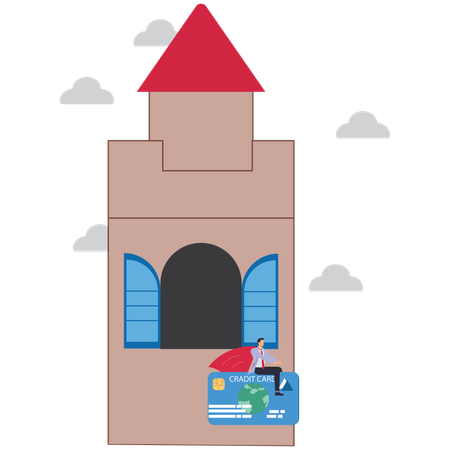 Businessman flying out of castle window on credit card  Illustration