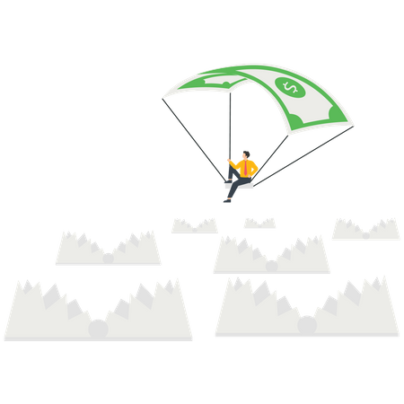 Businessman flying parachute over a swarm of mouse traps  Illustration