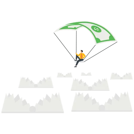 Businessman flying parachute over a swarm of mouse traps  イラスト