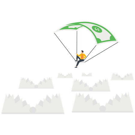 Businessman flying parachute over a swarm of mouse traps  Illustration