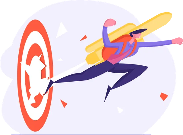 Cheerful Brave Businessman Punch Through Huge Target With Jet Pack On Back Male Office Worker Manager Employee Flying By Rocket To Goal Achievement And Career Boost Cartoon Flat Vector Illustration Illustration