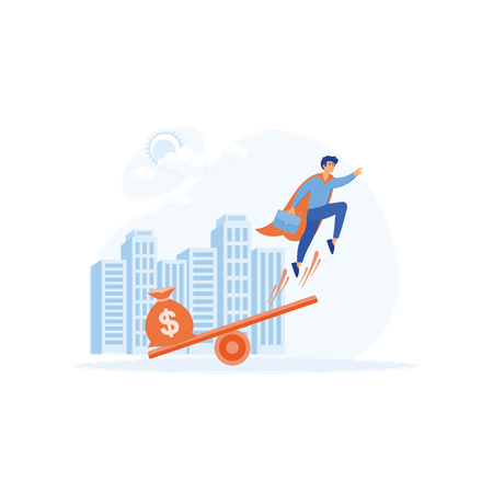 Businessman flying up and  bag full of money on scale  Illustration