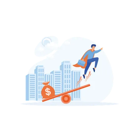 Businessman flying up and  bag full of money on scale  Illustration