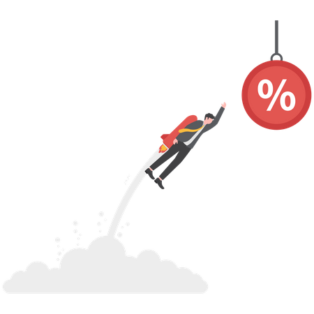 Businessman flying up by rocket reaching for a percentage sign  Illustration