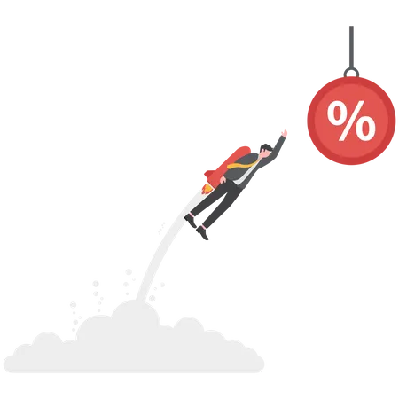 Businessman flying up by rocket reaching for a percentage sign  Illustration