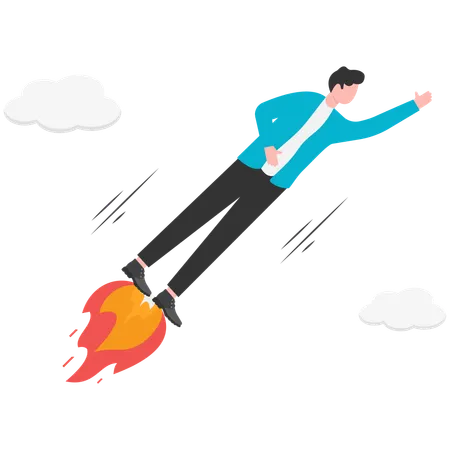 Businessman flying upwards stepping on flames  Illustration