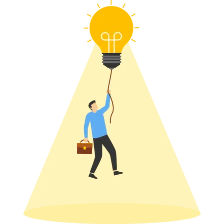 Burning Light Bulb Makes Businessman Fly Isolated On Blue Background Illustration