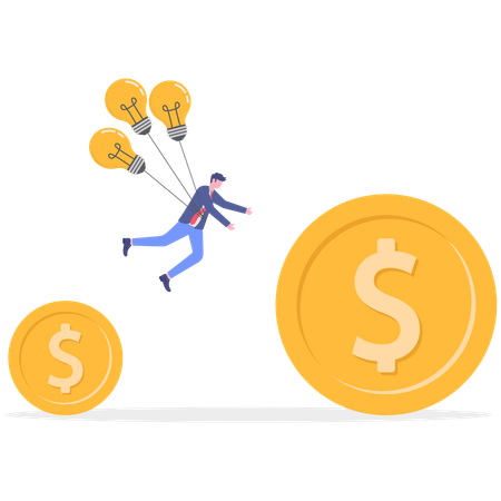 Businessman flying with bulb for earning money  Illustration