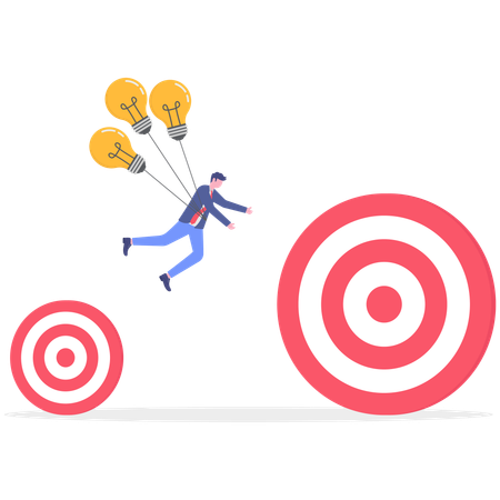 Businessman flying with bulb for small goal to big goal  Illustration