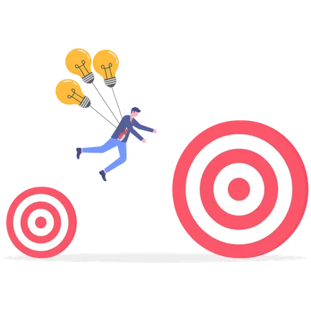 Businessman flying with bulb for small goal to big goal  Illustration