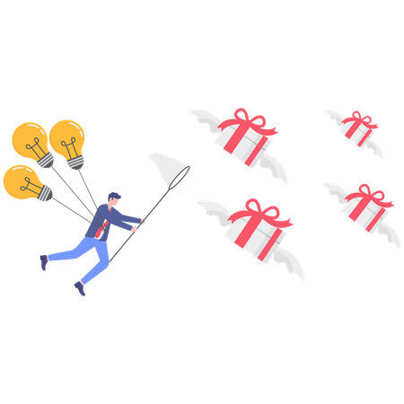 Businessman flying with bulbs while catching gifts  Illustration