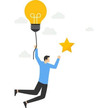 Businessman Flying With Light Bulb Idea To Catch Stars In Sky Light Bulb Ideas For Success Leadership To Get Solutions To Achieve Goals Creativity Or Innovation To Help Achieve Business Goals Illustration