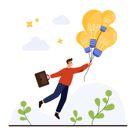Businessman Flying with Light Bulb Ideas Balloons  Illustration