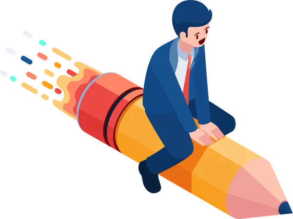 Flat 3 D Isometric Businessman Flying With Pencil Content Writer And Creativity Concept Illustration