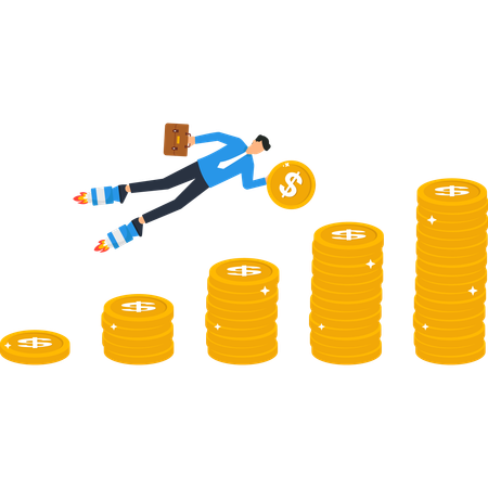 Businessman Flying with Rocket Boots to Stack of Coins  Illustration