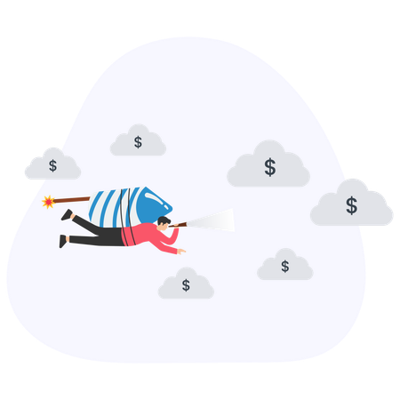 Businessman flying with rocket looking for money with spyglass  Illustration