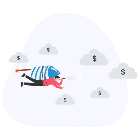 Businessman flying with rocket looking for money with spyglass  Illustration