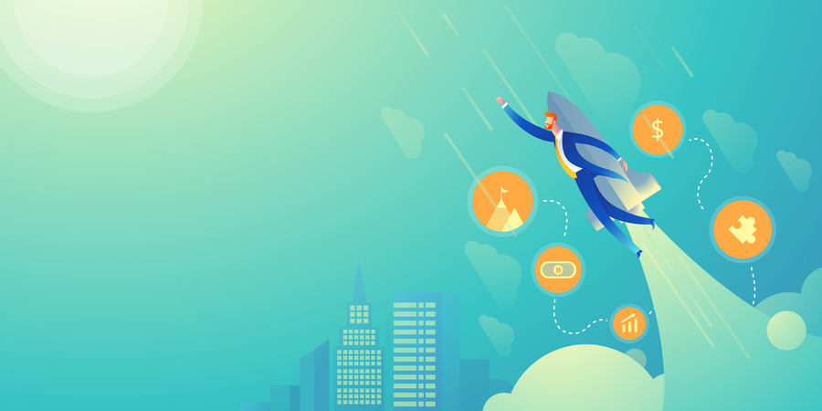 Businessman flying with rocket on sky background  Illustration