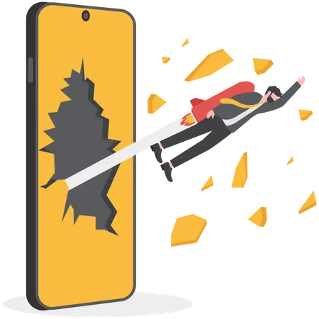 Businessman flying with rocket out off the mobile phone screen  Illustration