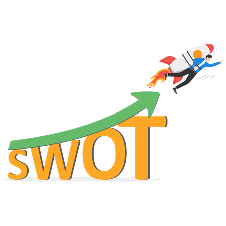 Businessman flying with rocket over SWOT growth  Illustration