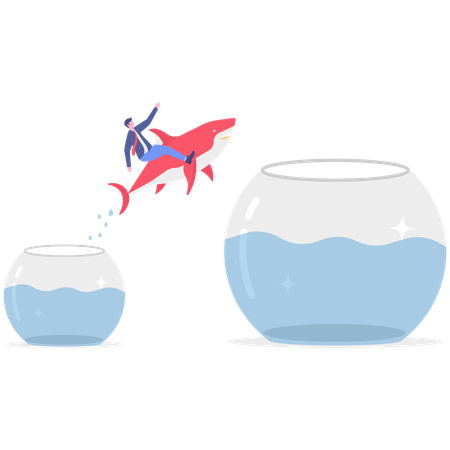 Businessman flying with shark fish from small pot to big pot  Illustration