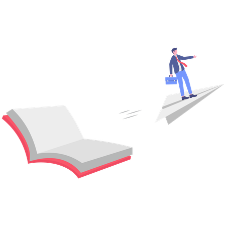 Businessman flys in sky to read book  Illustration
