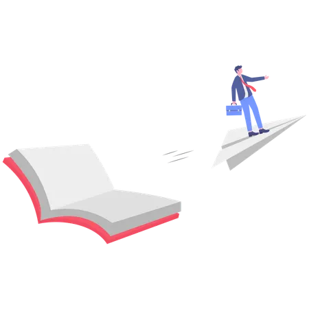 Businessman flys in sky to read book  Illustration