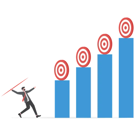 Goals And Challenges Businessman Holding A Spear Aiming At Targets Of Different Heights Illustration