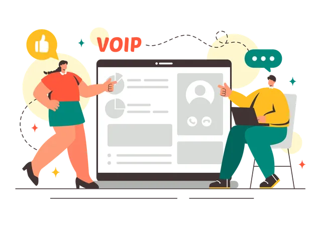 사업가가 VOIP 기술을 따른다  일러스트레이션