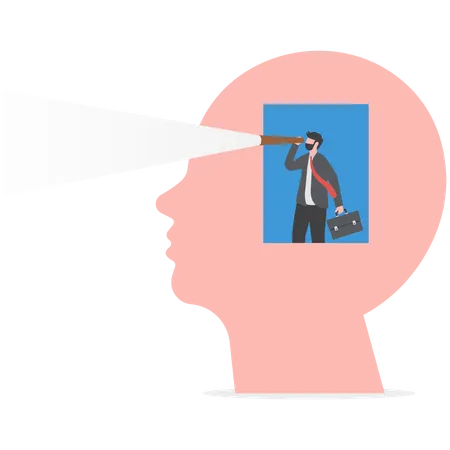 Businessman Looking Through A Telescope On Human Head For Scout Mindset Concept Vector Illustration Illustration