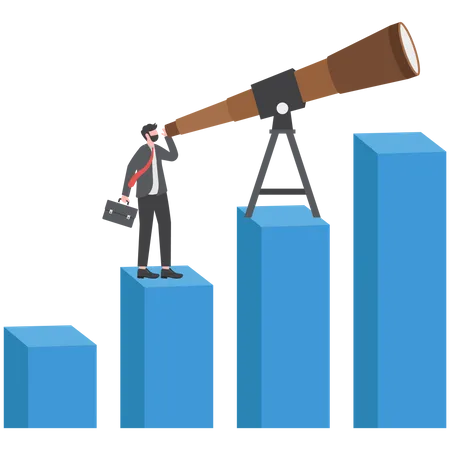 Business Prediction With Telescope Step On Rise Up Graph Challenge To Be Better And Achieve Success Concept Vector Illustration
