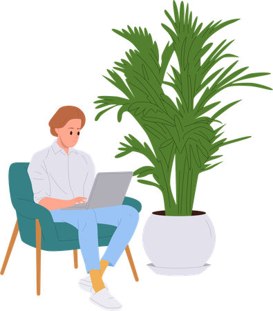 Businessman freelancer working on laptop computer at eco-friendly workplace  Illustration