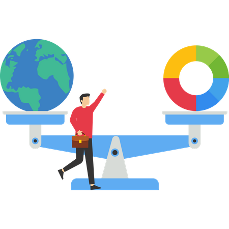 Businessman fund manager balance pie chart with globe  Illustration