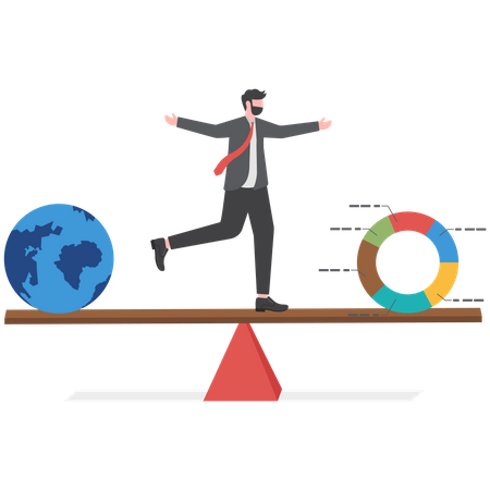 Businessman fund manager balance pie chart with globe or world  Illustration