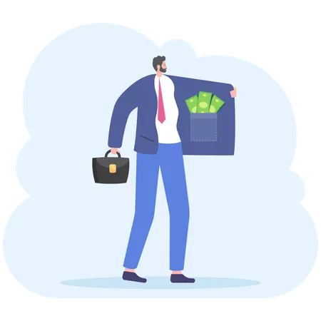 Business Man Opens His Cloak To Show T Shirt With Text Super Businessman On His Chest And Pockets Full Of Money Business Success Illustration