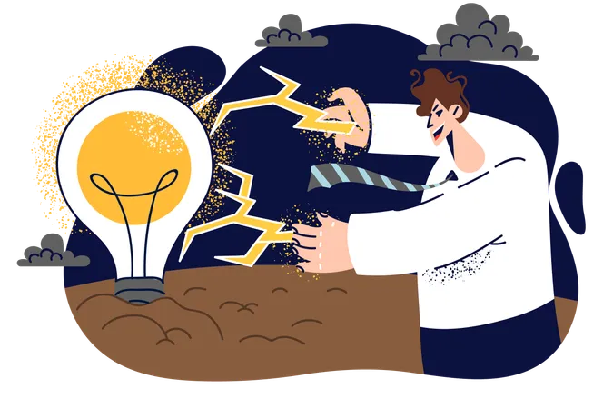 Business Man Uses Magic To Get New Ideas Shoots Lightning From Hands Standing Near Large Light Bulb Guy In Business Suit Using Natural Phenomena To Generate Electricity And Laughs Furiously Illustration