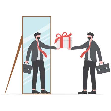 Businessman get reward from himself in mirror for self motivate  Illustration