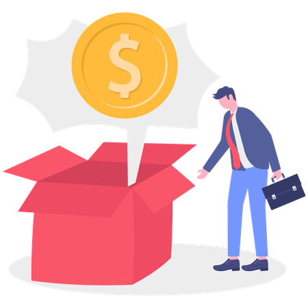 Businessman gets dollar coin from box  Illustration