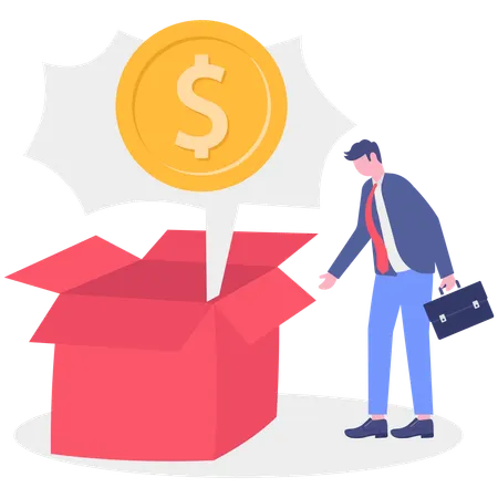 Businessman gets dollar coin from box  Illustration